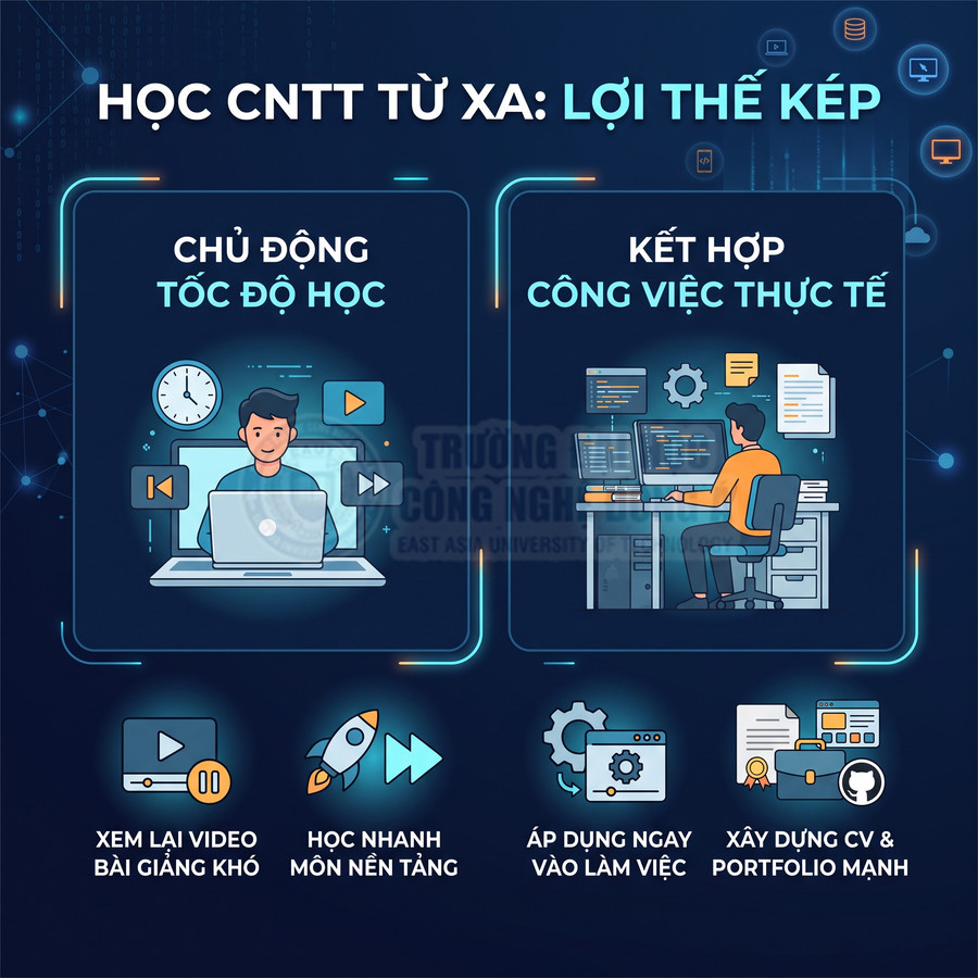 Poster giới thiệu lợi thế học CNTT từ xa của Trường Công Nghệ Đông Á với hình minh họa học online và làm việc thực tế