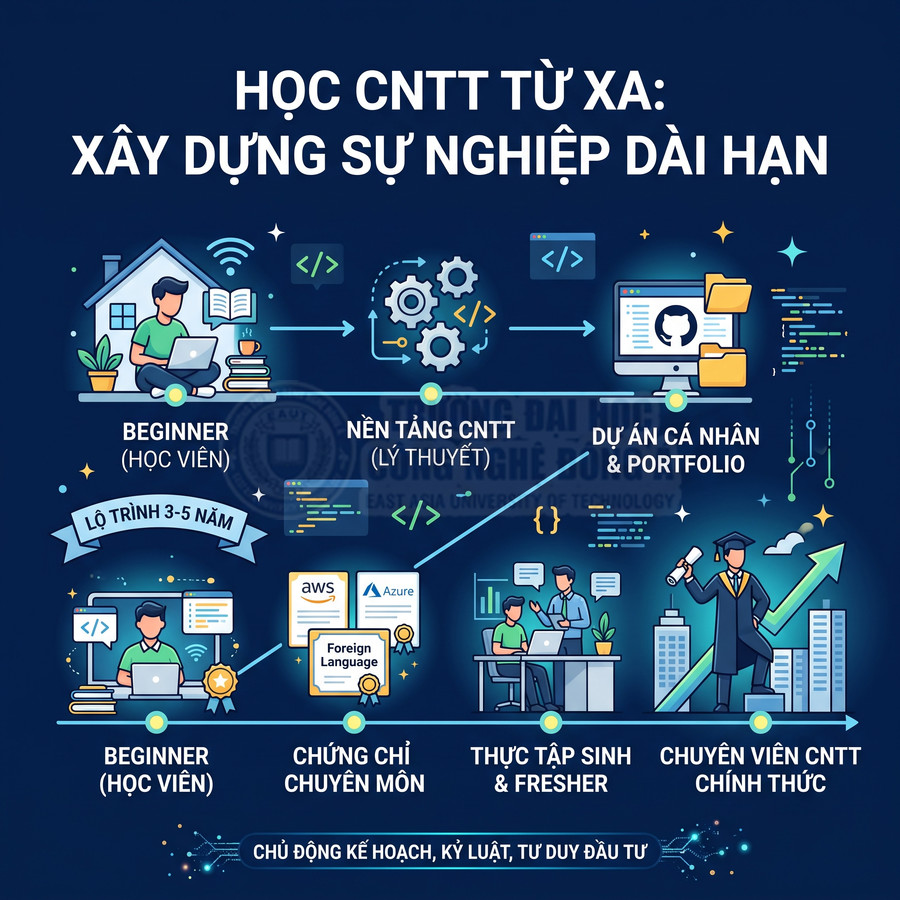 Lộ trình học CNTT từ xa 3 đến 5 năm, từ beginner đến chuyên viên chính thức với dự án cá nhân và chứng chỉ chuyên môn