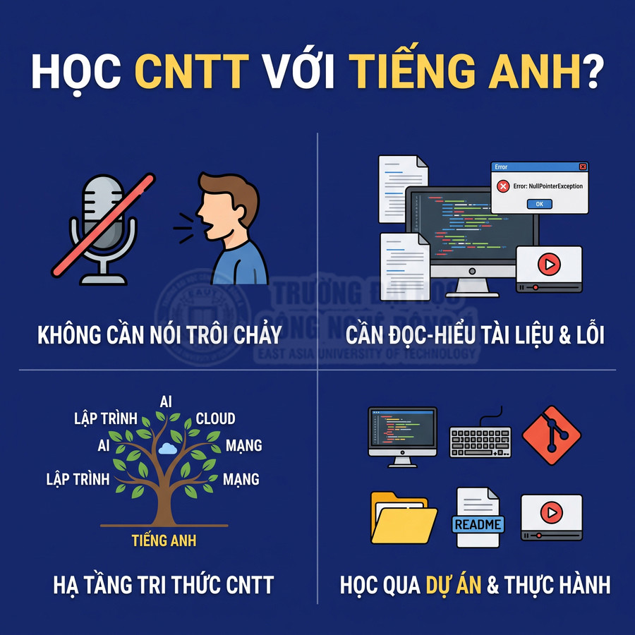 Infographic học CNTT với tiếng Anh, nhấn mạnh đọc hiểu tài liệu, lỗi lập trình và học qua dự án thực hành