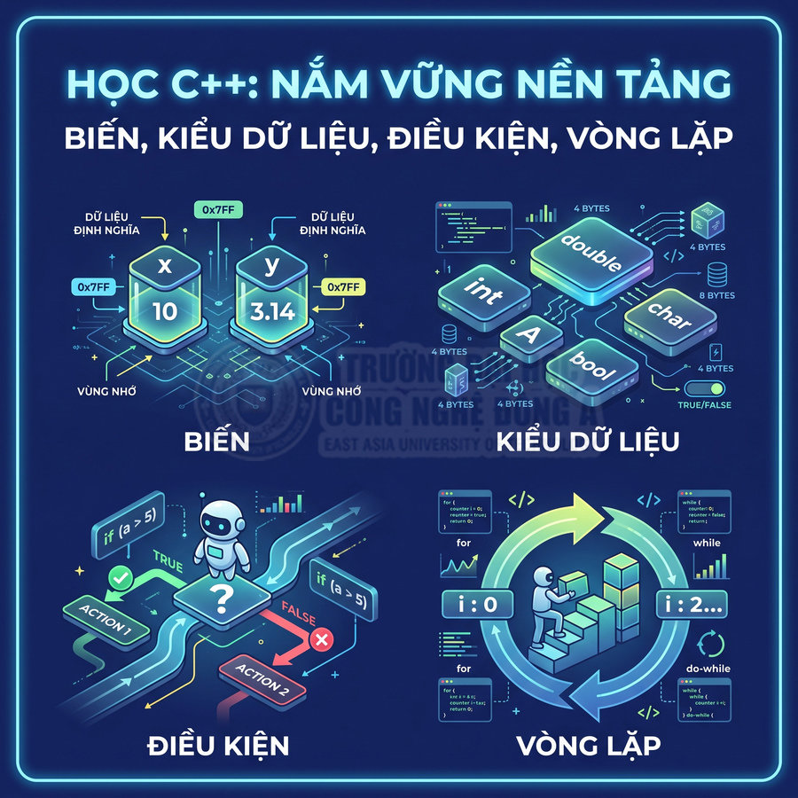 Infographic học C++ minh họa biến, kiểu dữ liệu, điều kiện và vòng lặp cho người mới bắt đầu