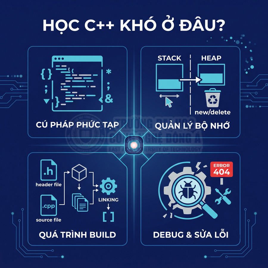 Infographic tiếng Việt về các khó khăn khi học lập trình C++ như cú pháp, quản lý bộ nhớ, build và debug