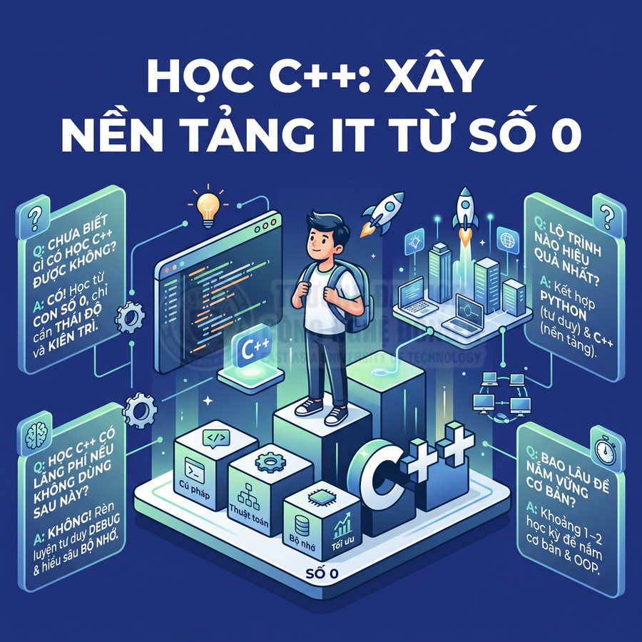 Poster khóa học lập trình C++ từ số 0 với nhân vật học viên và các lợi ích, lộ trình học IT