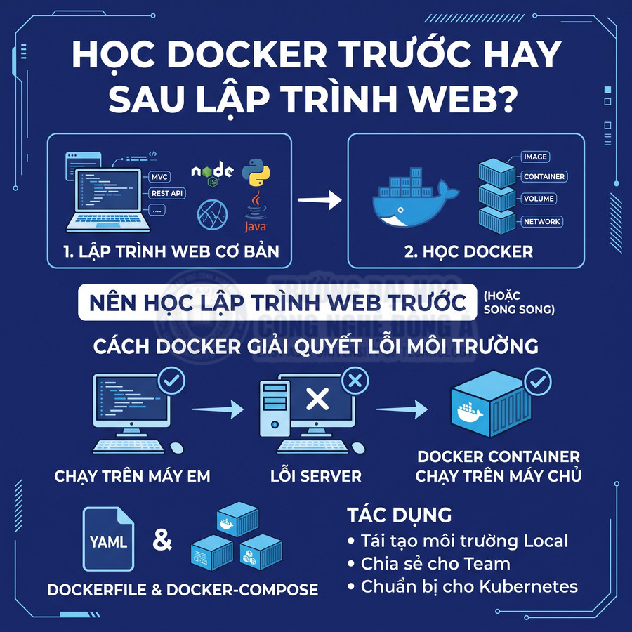 Infographic hướng dẫn nên học lập trình web cơ bản trước rồi học Docker để giải quyết lỗi môi trường và triển khai ứng dụng