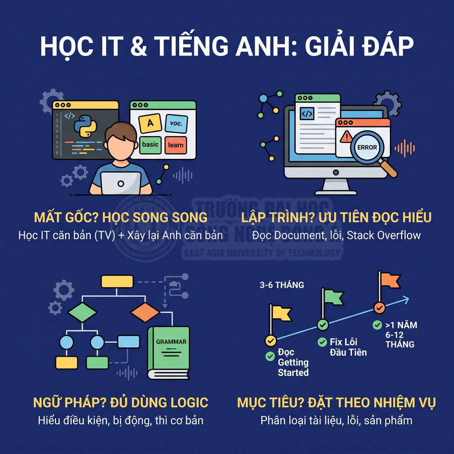 Infographic hướng dẫn học IT và tiếng Anh song song, ưu tiên đọc hiểu tài liệu, ngữ pháp logic và đặt mục tiêu theo nhiệm vụ