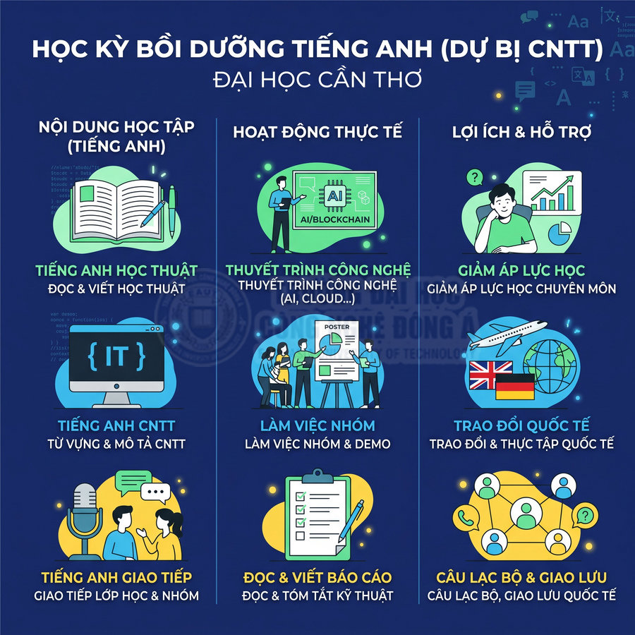 Poster giới thiệu học kỳ bồi dưỡng tiếng Anh dự bị CNTT tại Đại học Cần Thơ với nội dung học và lợi ích chương trình
