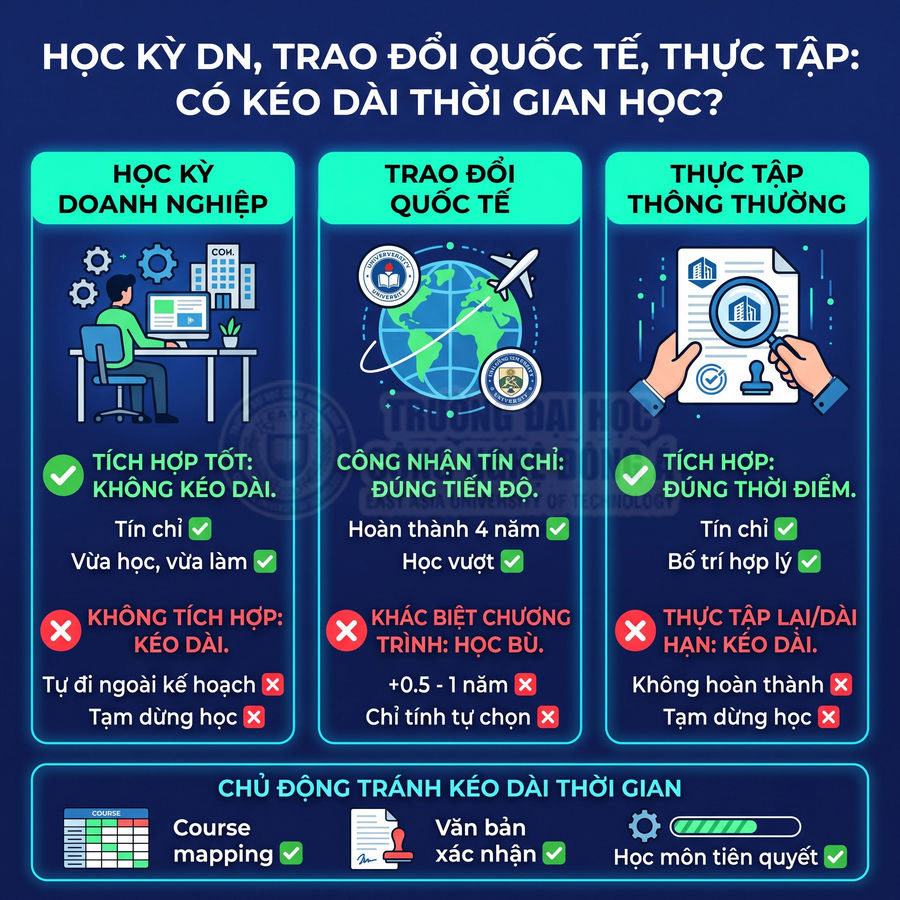 Infographic so sánh học kỳ doanh nghiệp, trao đổi quốc tế và thực tập thông thường về thời gian học