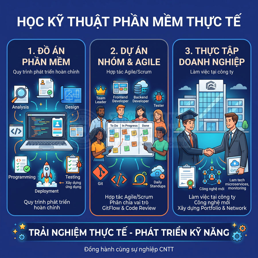 Poster khóa học kỹ thuật phần mềm thực tế với dự án phần mềm, làm việc nhóm Agile và thực tập doanh nghiệp