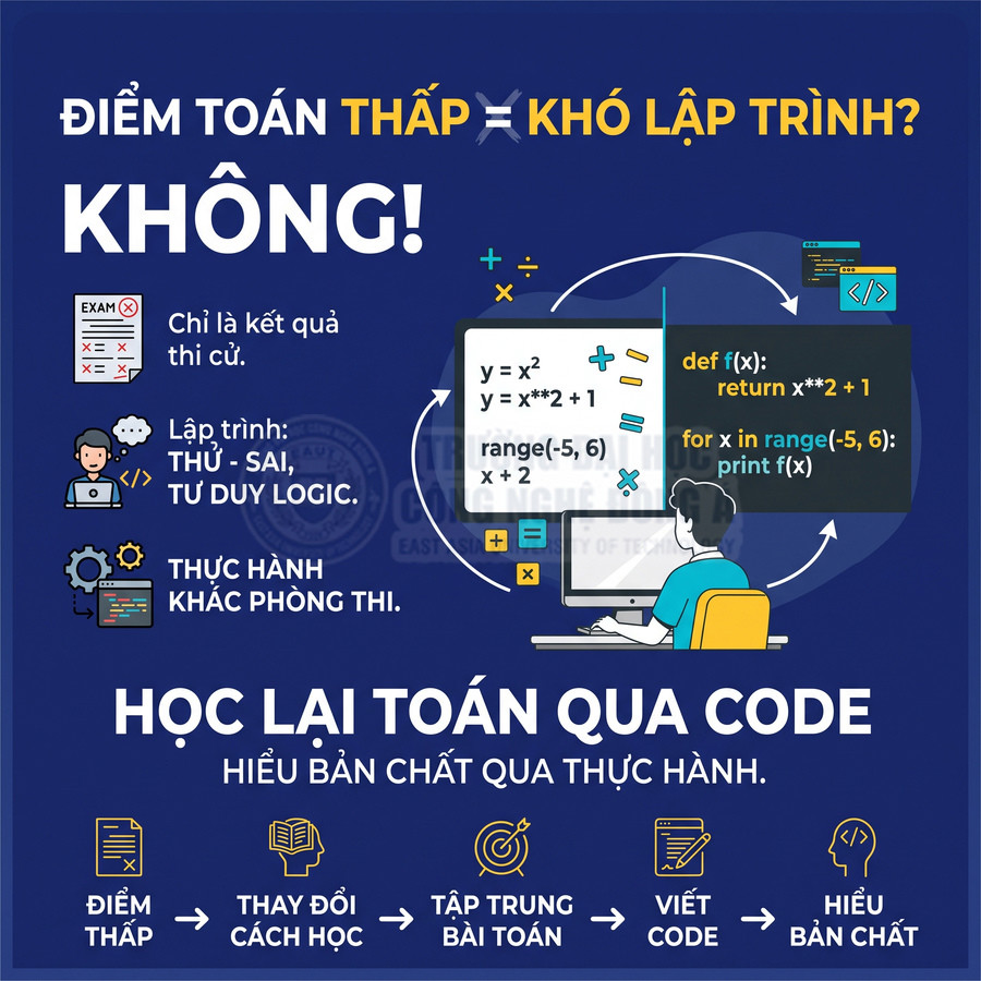 Poster học lại toán qua lập trình, minh họa học sinh ngồi máy tính viết code Python để hiểu bản chất toán học