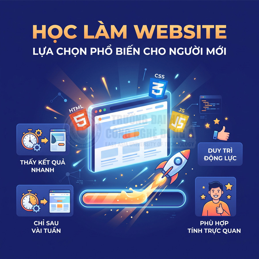 Học làm website cho người mới với HTML5 CSS3 JavaScript minh họa giao diện web và tên lửa tăng tốc
