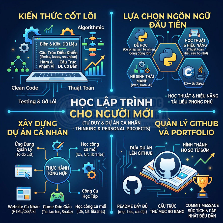 Hướng dẫn học lập trình cho người mới với kiến thức cốt lõi, chọn ngôn ngữ đầu tiên, dự án cá nhân và quản lý GitHub