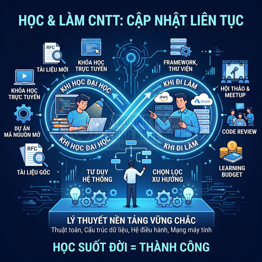 Infographic lộ trình học và làm CNTT liên tục, nhấn mạnh học suốt đời và cập nhật kỹ năng công nghệ