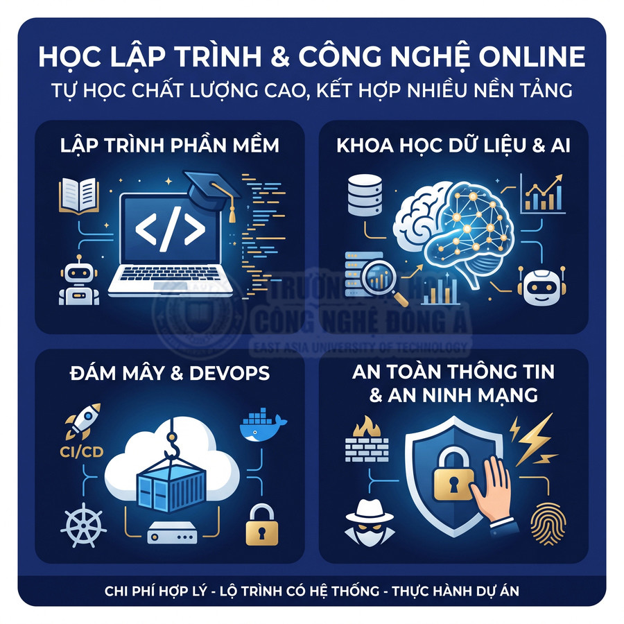 Poster khóa học lập trình và công nghệ online với các chuyên ngành phần mềm, dữ liệu AI, đám mây DevOps, an ninh mạng