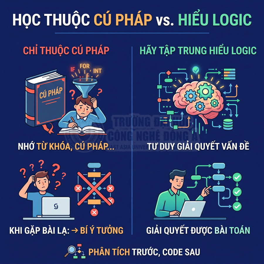 So sánh học thuộc cú pháp và hiểu logic trong lập trình, khuyến khích tư duy giải quyết vấn đề