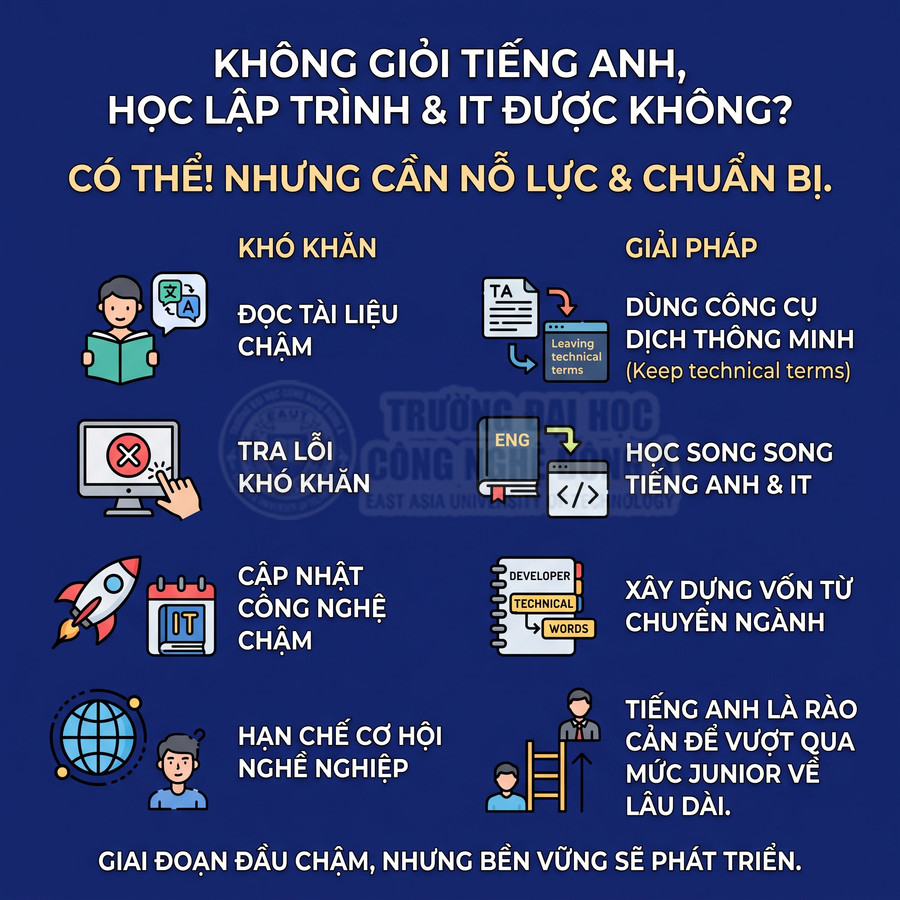 Infographic tiếng Việt về khó khăn khi học lập trình IT không giỏi tiếng Anh và các giải pháp cải thiện