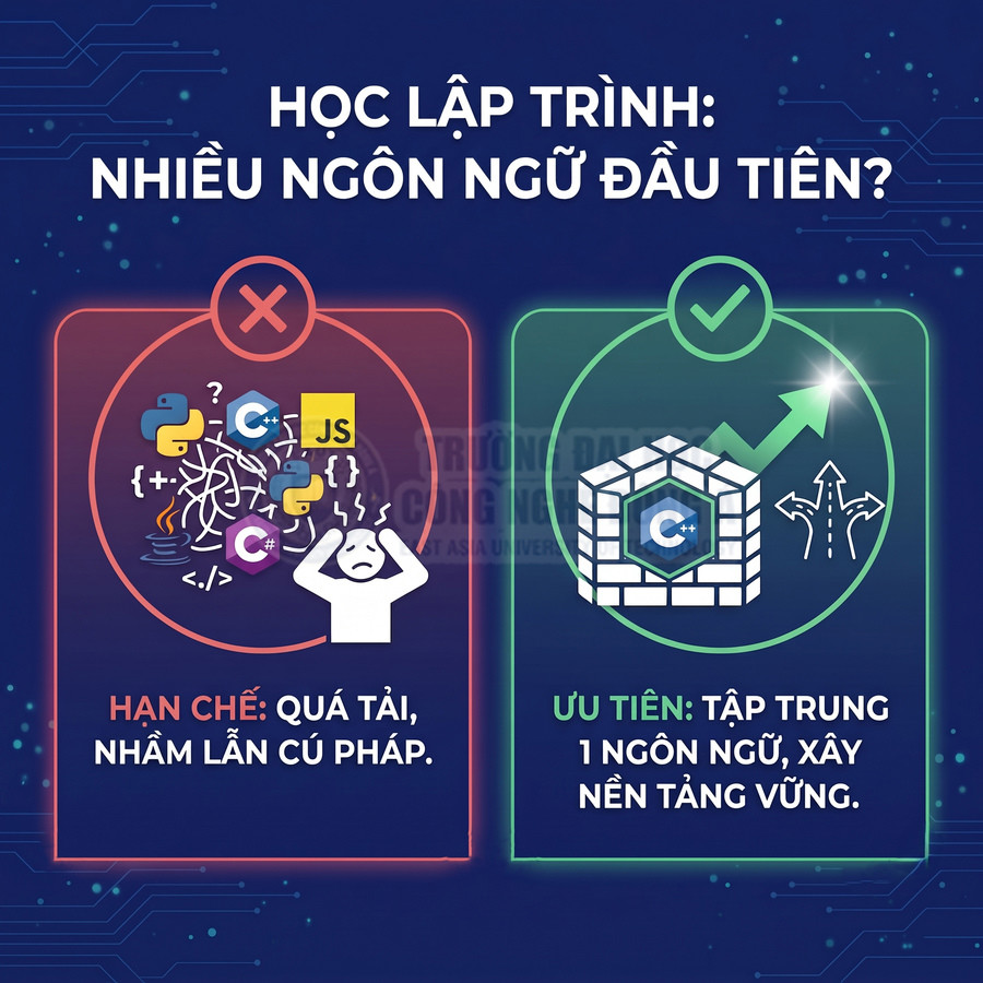 Infographic so sánh học nhiều ngôn ngữ lập trình cùng lúc với tập trung một ngôn ngữ để xây nền tảng vững