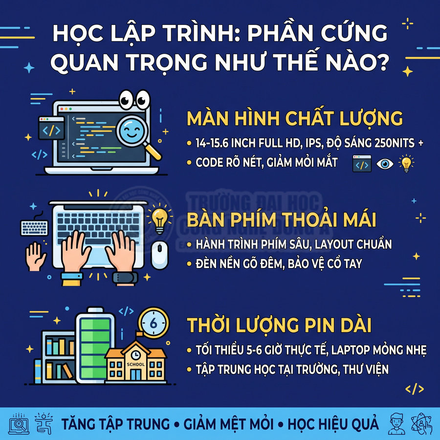 Infographic tiêu chí chọn laptop học lập trình với màn hình đẹp, bàn phím thoải mái và pin lâu