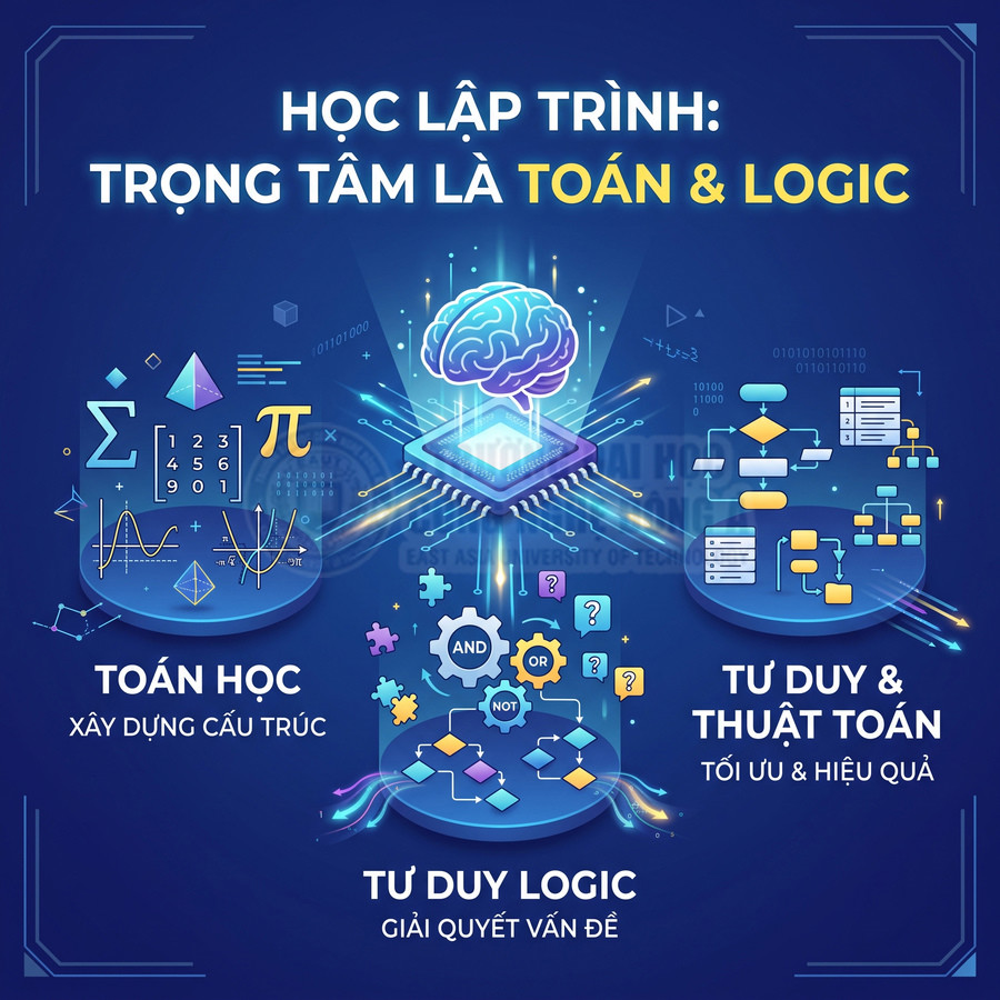 Học lập trình với trọng tâm toán học, tư duy logic và thuật toán tối ưu, minh họa bằng não bộ và sơ đồ trực quan