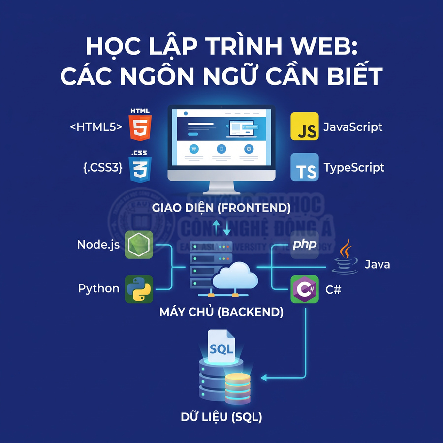 Sơ đồ các ngôn ngữ lập trình web phổ biến gồm HTML, CSS, JavaScript, TypeScript, Node.js, Python, PHP, Java, C#, SQL