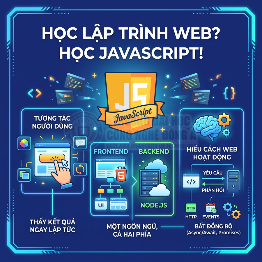 Poster học lập trình web với JavaScript, minh họa frontend, backend NodeJS và các lợi ích khi học JavaScript