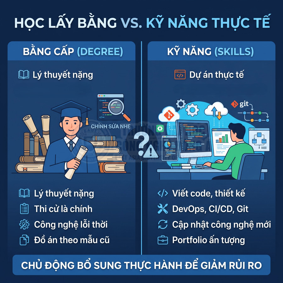 Infographic so sánh học lấy bằng và học kỹ năng thực tế trong ngành công nghệ thông tin