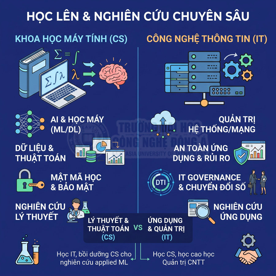 So sánh định hướng học lên và nghiên cứu chuyên sâu giữa khoa học máy tính và công nghệ thông tin