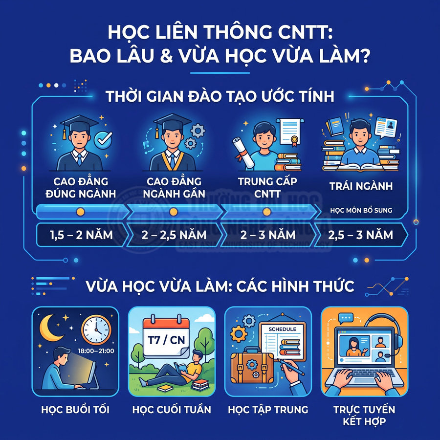 Infographic chương trình học liên thông CNTT, thời gian đào tạo và các hình thức vừa học vừa làm