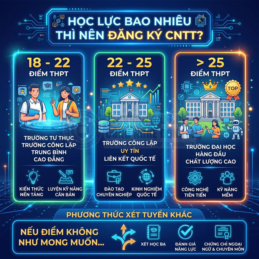 Infographic tư vấn chọn trường CNTT theo mức điểm THPT với các lựa chọn trường tư thục, công lập và đại học hàng đầu