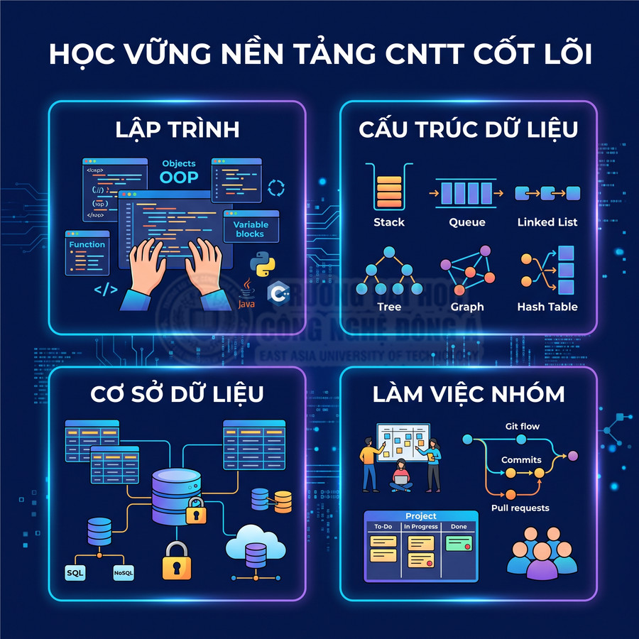 Hình minh họa các kỹ năng nền tảng CNTT gồm lập trình, cấu trúc dữ liệu, cơ sở dữ liệu và làm việc nhóm