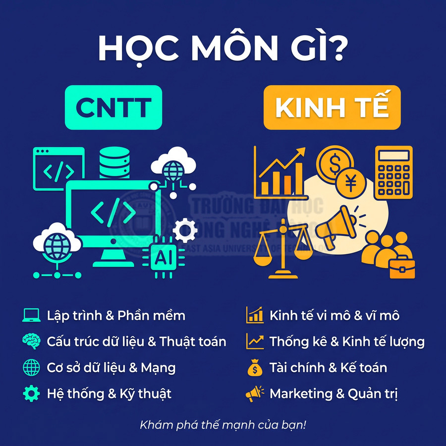 Các môn học ngành CNTT và Kinh tế gồm lập trình, dữ liệu, tài chính, kế toán, marketing và quản trị.