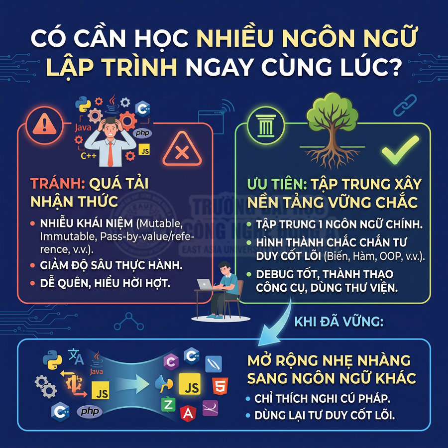 Infographic tư vấn học lập trình, so sánh học nhiều ngôn ngữ cùng lúc và tập trung một ngôn ngữ để xây nền tảng vững chắc