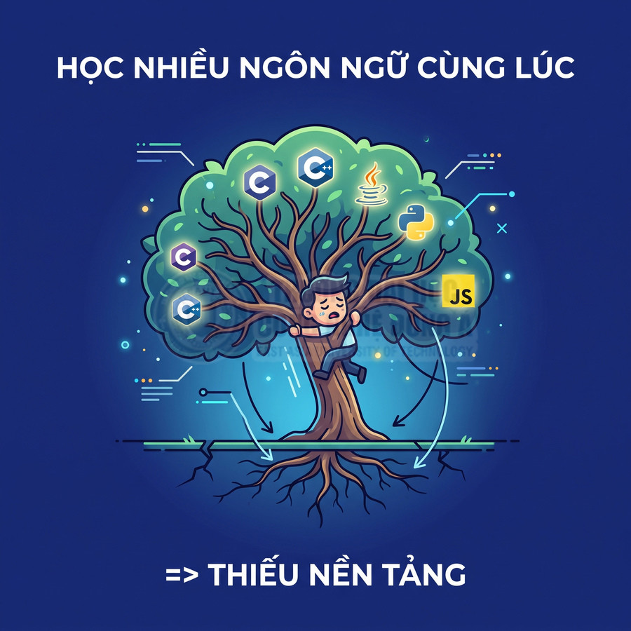 Minh họa lập trình viên ôm cây với biểu tượng C C++ Java Python JavaScript và dòng chữ học nhiều ngôn ngữ cùng lúc