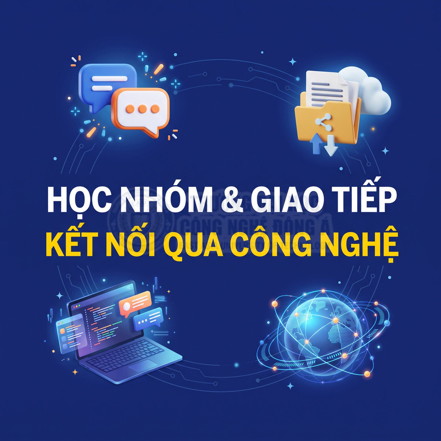 Minh họa học nhóm và giao tiếp qua công nghệ với biểu tượng trò chuyện thư mục đám mây máy tính và địa cầu kết nối