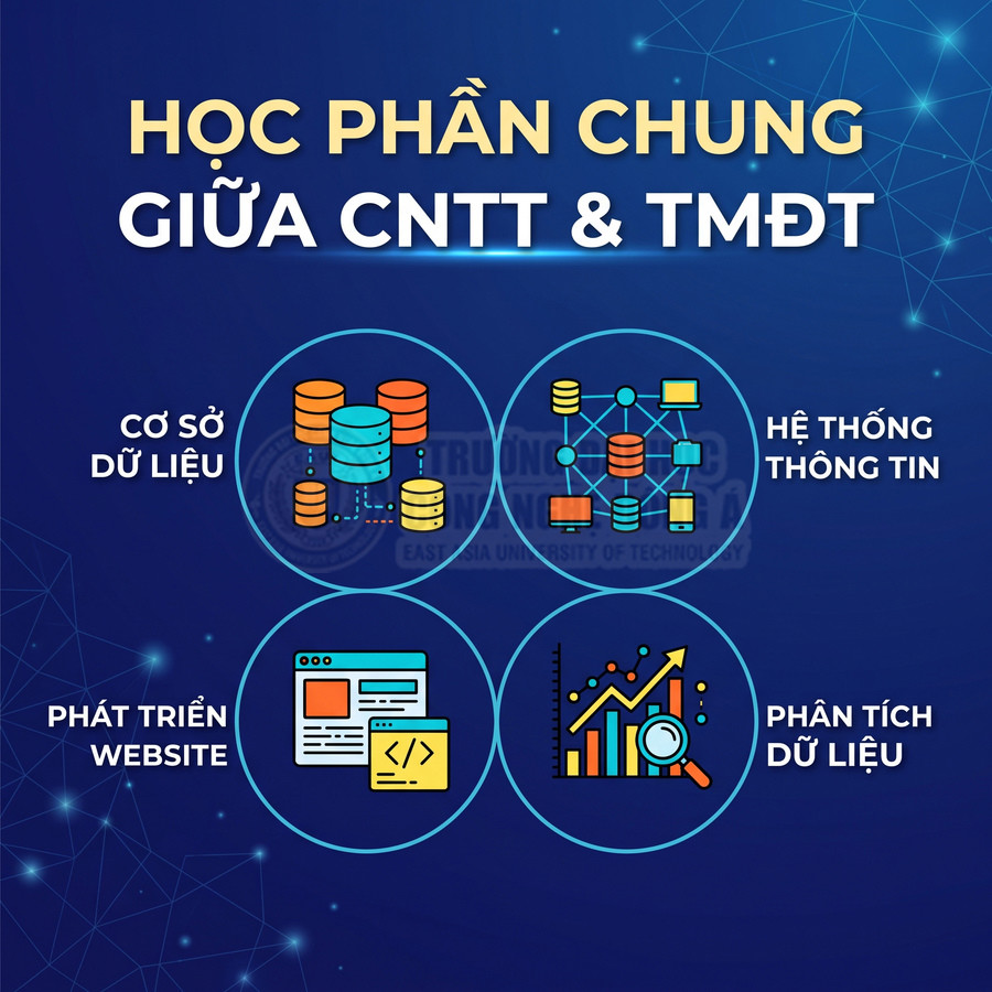Các học phần chung giữa CNTT và thương mại điện tử gồm cơ sở dữ liệu, hệ thống thông tin, phát triển website và phân tích dữ liệu