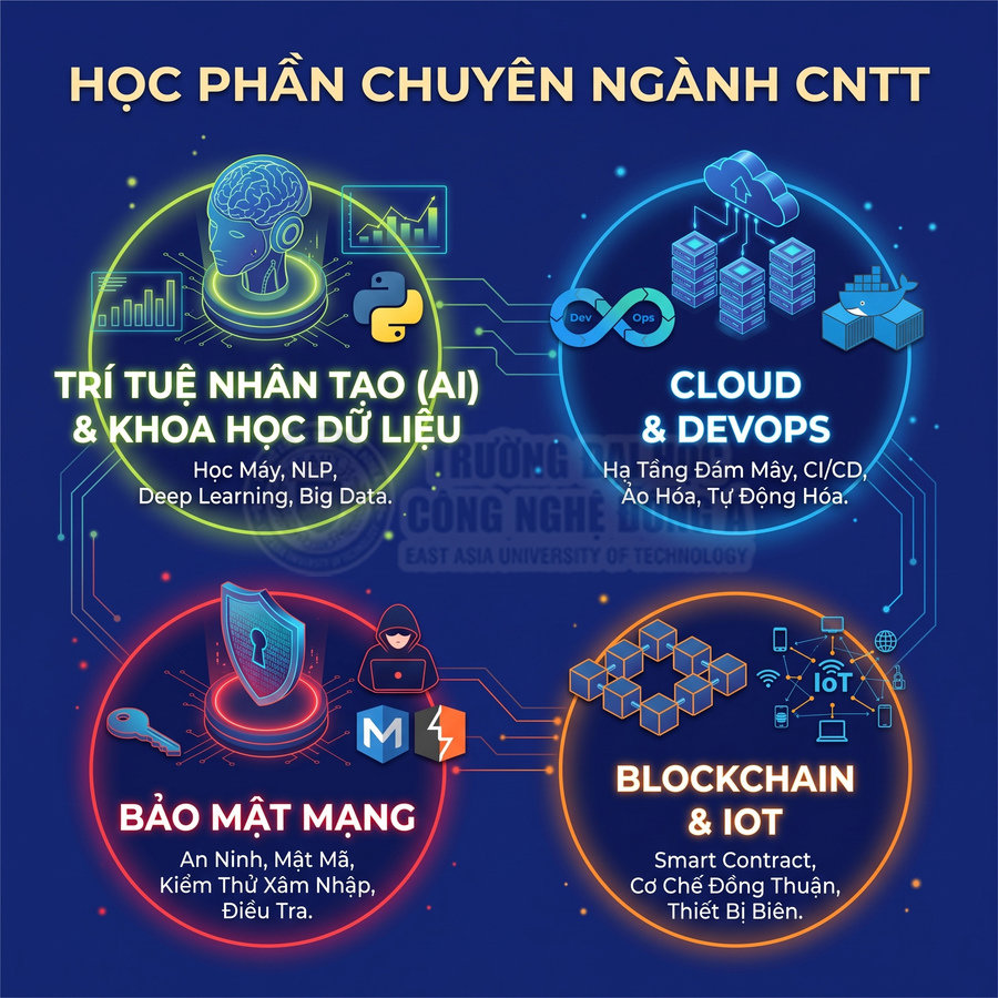 Các học phần chuyên ngành CNTT gồm AI khoa học dữ liệu, Cloud DevOps, bảo mật mạng, blockchain và IoT