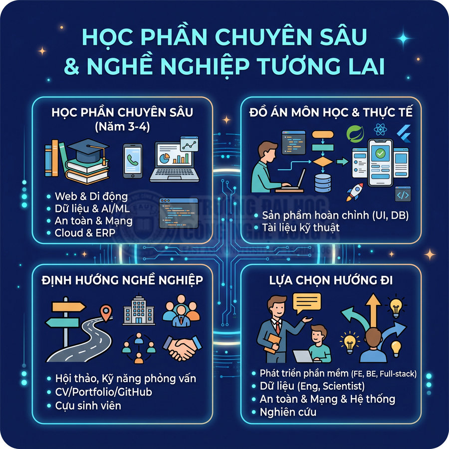 Infographic chương trình học công nghệ thông tin, học phần chuyên sâu và định hướng nghề nghiệp tương lai