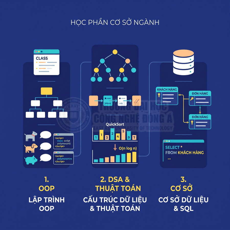 Infographic học phần cơ sở ngành công nghệ thông tin gồm OOP, cấu trúc dữ liệu thuật toán và cơ sở dữ liệu SQL