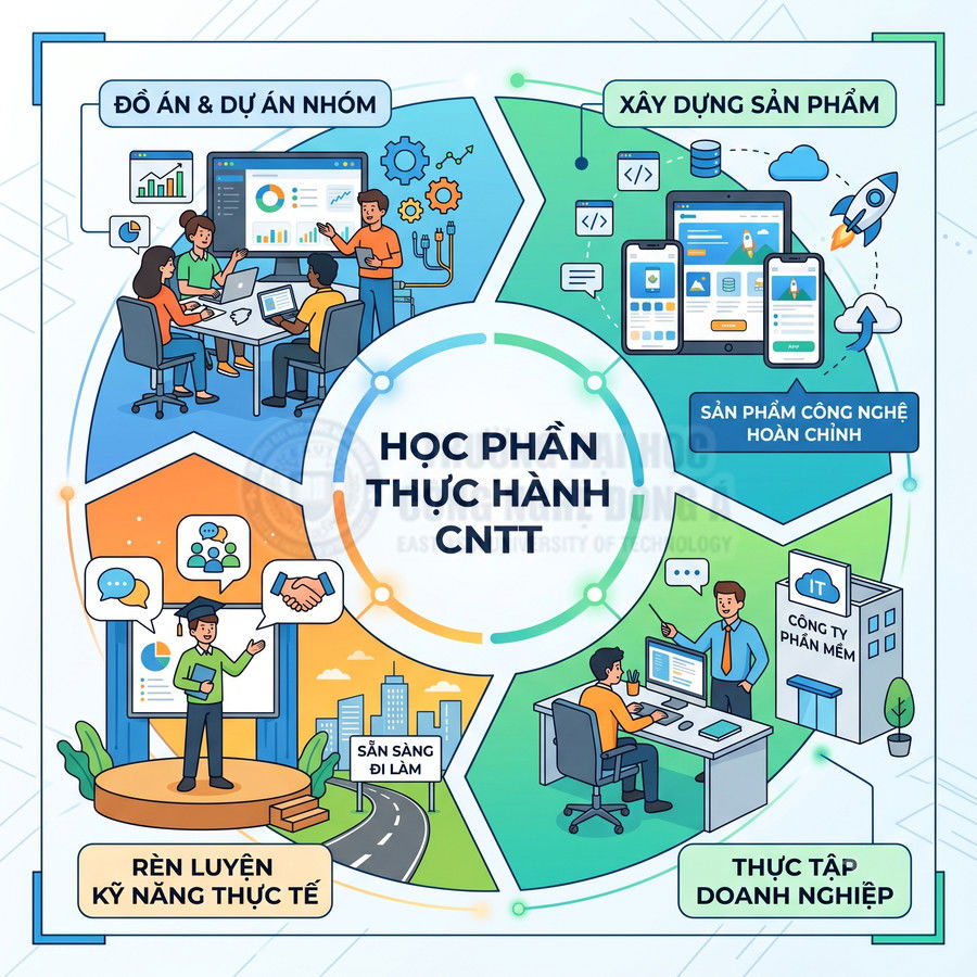 Học phần thực hành CNTT với dự án nhóm, xây dựng sản phẩm công nghệ, rèn kỹ năng và thực tập doanh nghiệp
