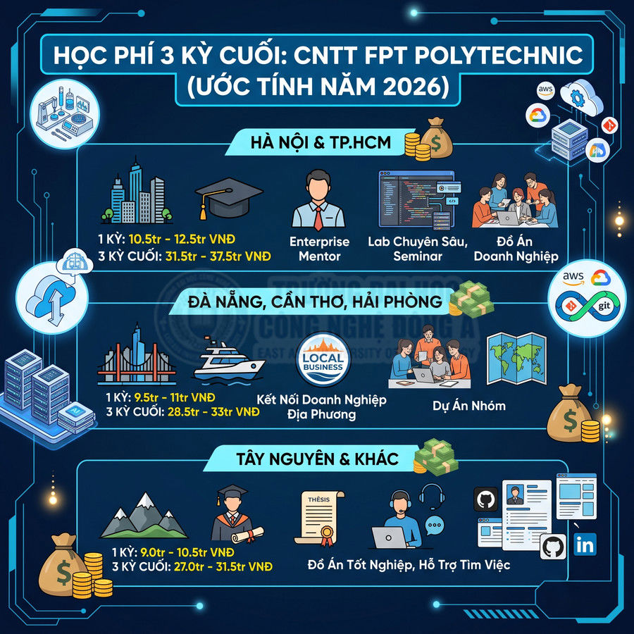 Infographic học phí 3 kỳ cuối ngành CNTT FPT Polytechnic năm 2026 tại Hà Nội, TP.HCM, Đà Nẵng, Cần Thơ, Hải Phòng, Tây Nguyên
