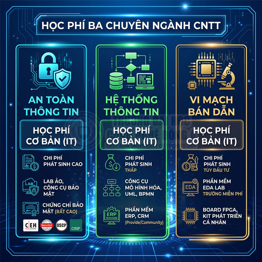 So sánh học phí và chi phí phát sinh ba chuyên ngành CNTT: an toàn thông tin, hệ thống thông tin, vi mạch bán dẫn