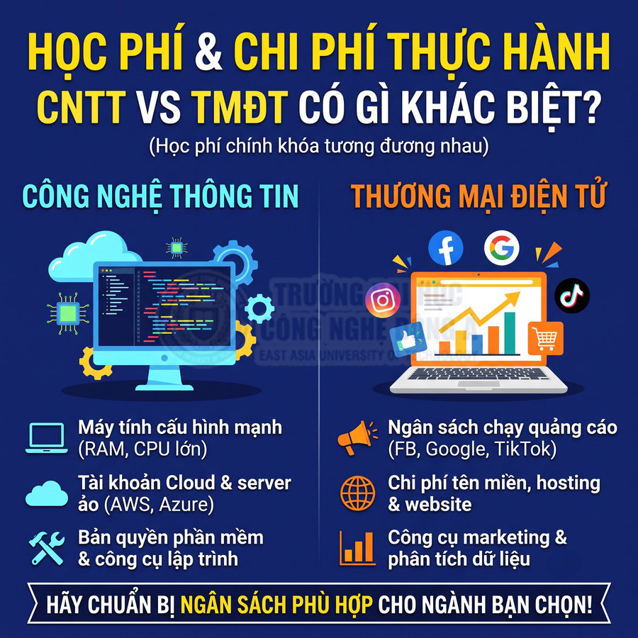 So sánh học phí và chi phí thực hành ngành Công nghệ thông tin và Thương mại điện tử