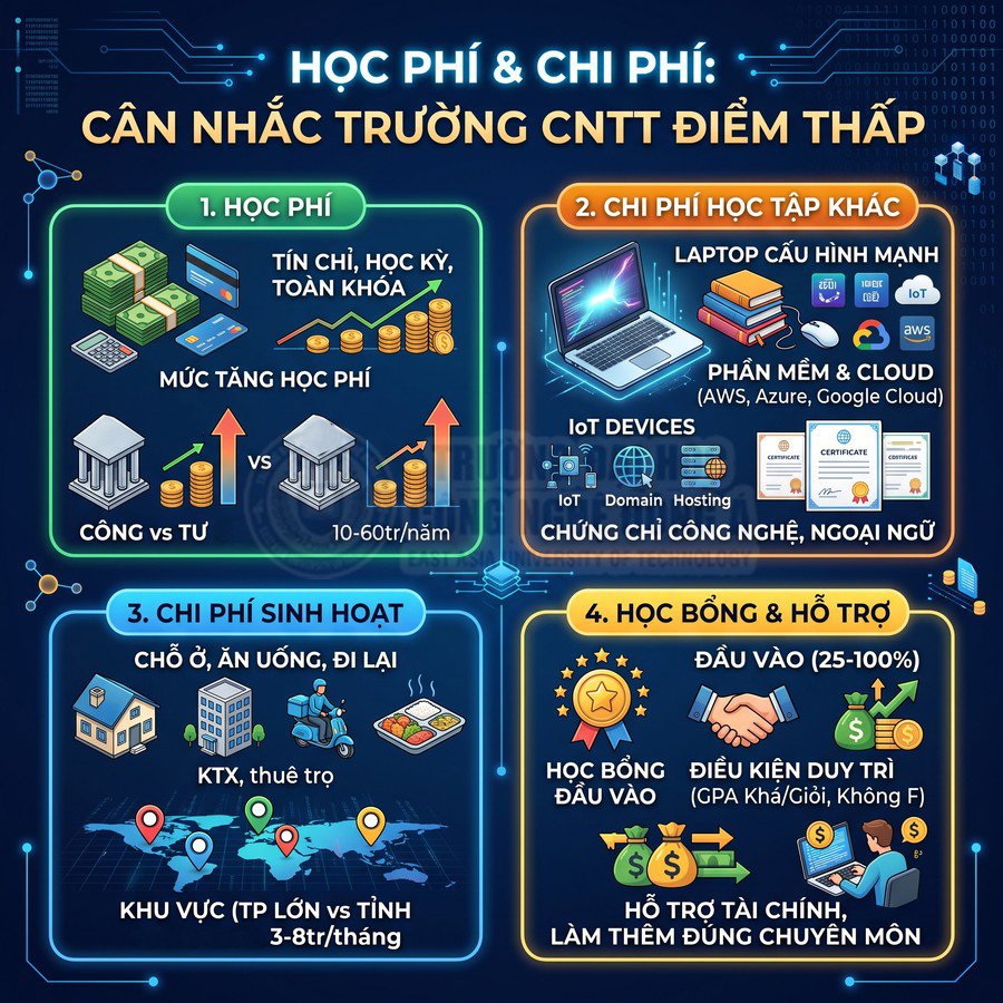Infographic chi phí học CNTT: học phí, laptop cấu hình mạnh, phần mềm cloud, chi phí sinh hoạt, học bổng và hỗ trợ tài chính