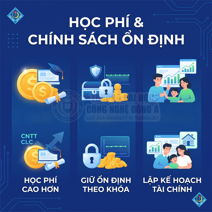 Poster học phí và chính sách ổn định của Đại học Công nghệ Đông Á với biểu tượng tiền, khóa bảo mật và gia đình