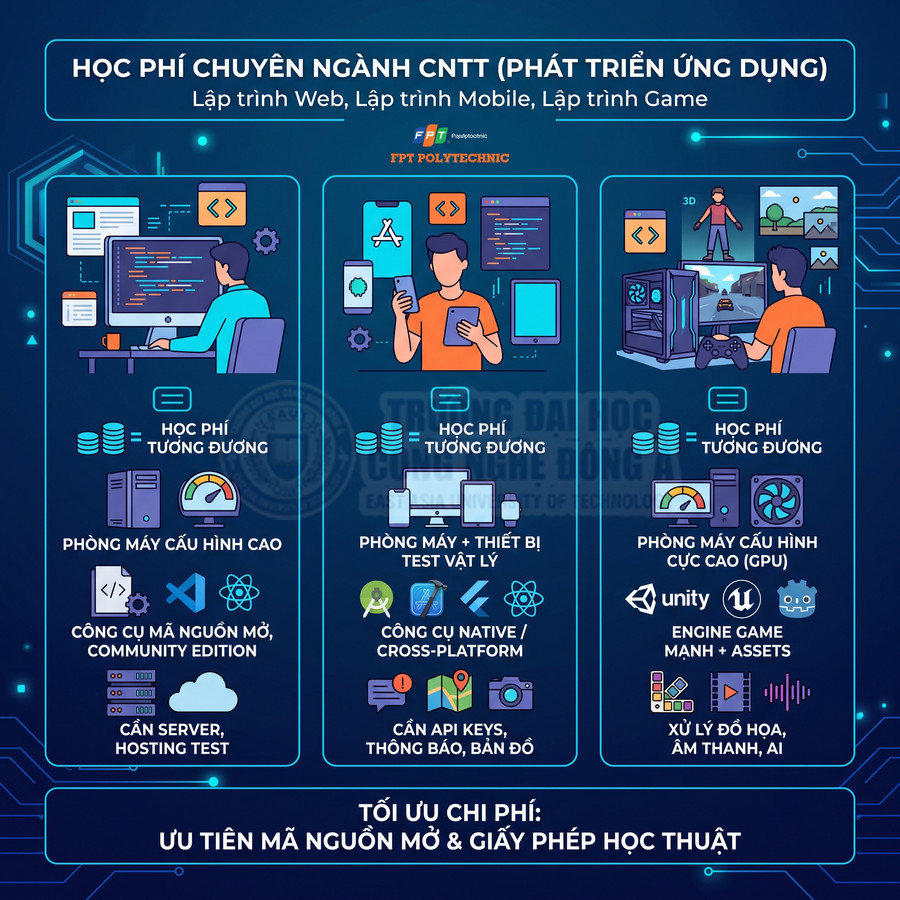 Infographic học phí ngành CNTT FPT Polytechnic cho lập trình web, mobile, game với phòng máy và công cụ thực hành