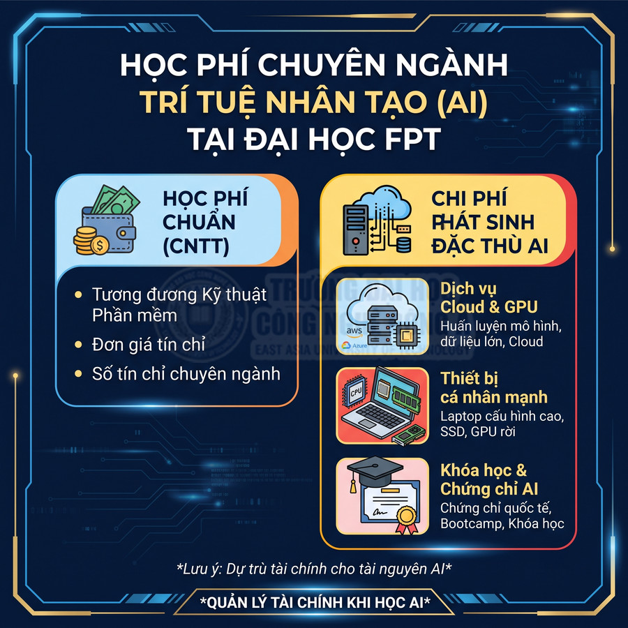Infographic học phí chuyên ngành trí tuệ nhân tạo AI tại Đại học FPT và các chi phí phát sinh đặc thù AI