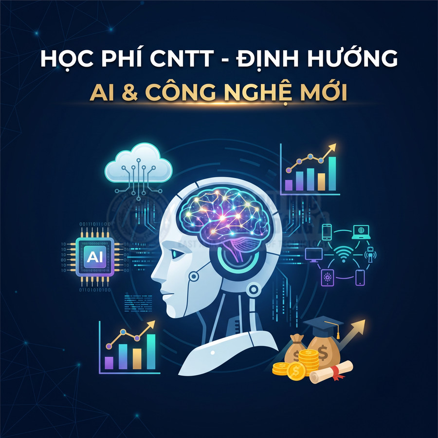 Học phí ngành CNTT định hướng AI và công nghệ mới với hình minh họa robot trí tuệ nhân tạo