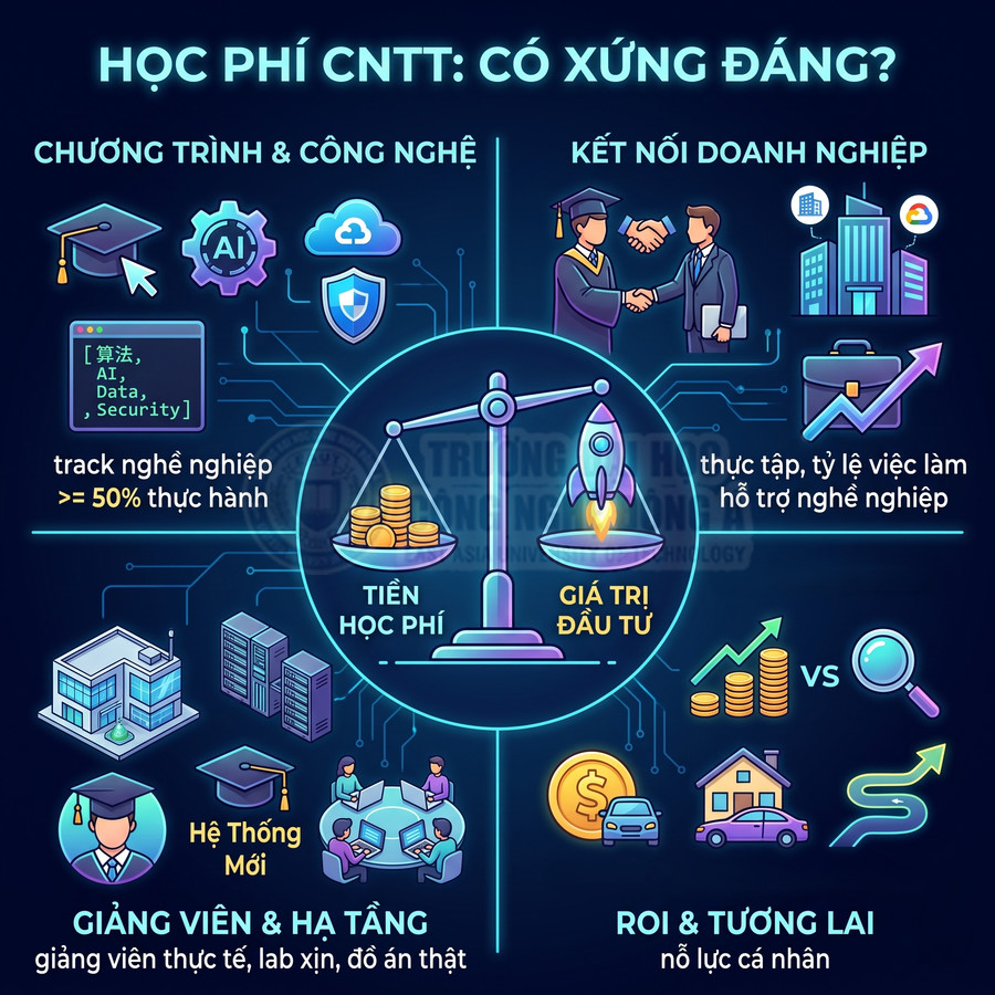 Infographic so sánh học phí ngành công nghệ thông tin với giá trị đầu tư, cơ hội việc làm và tương lai nghề nghiệp