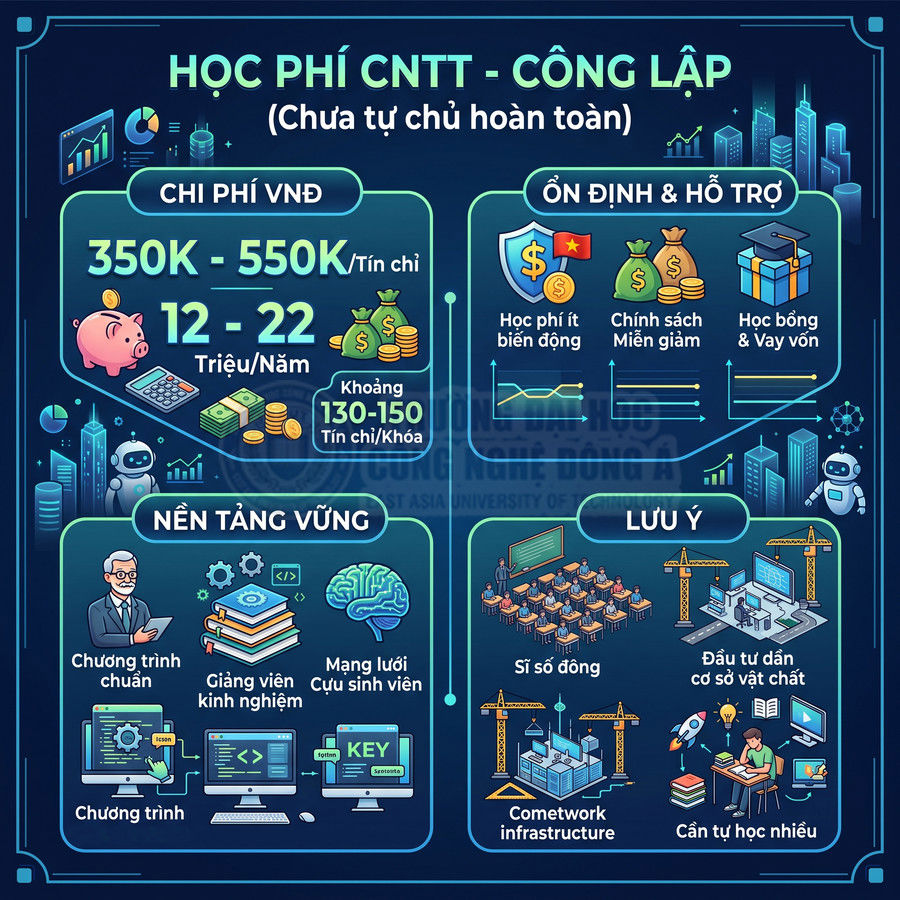 Infographic học phí ngành công nghệ thông tin công lập, chi phí theo tín chỉ, học bổng, hỗ trợ và lưu ý cho sinh viên
