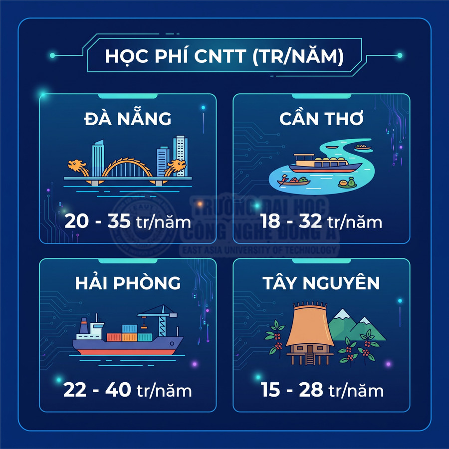 Bảng học phí ngành CNTT theo năm tại Đà Nẵng, Cần Thơ, Hải Phòng và Tây Nguyên, hiển thị mức từ 15 đến 40 triệu
