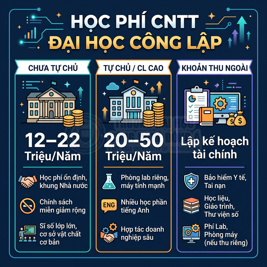 Infographic học phí ngành CNTT đại học công lập, so sánh trường chưa tự chủ, tự chủ và các khoản thu ngoài học phí