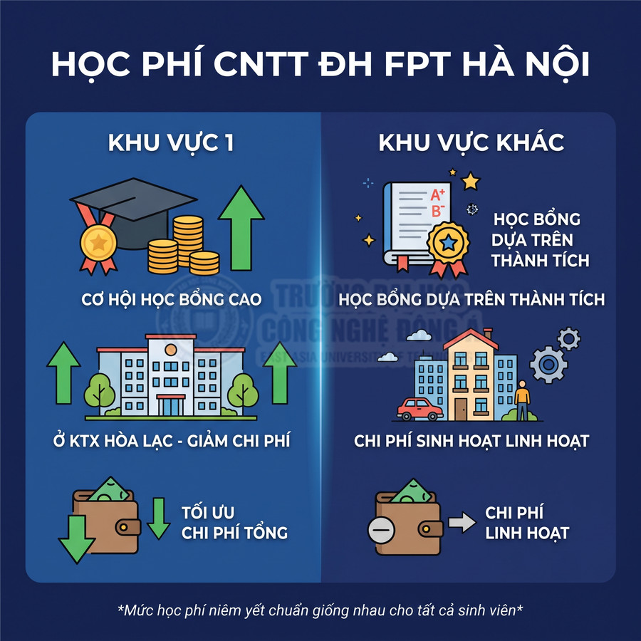 So sánh học phí CNTT ĐH FPT Hà Nội giữa khu vực 1 và khu vực khác, học bổng và chi phí sinh hoạt